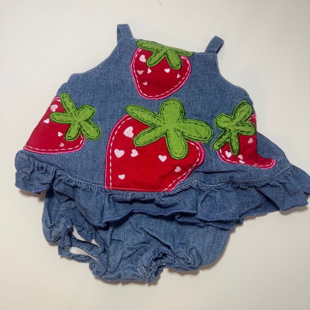 Baby Girl 0-3 Months Strawberry Denim Dress Set w/ Bloomers Ruffle Summer Outfit